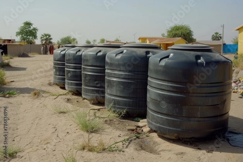 A line of large black rainwater tanks installed in a dry, arid community environment.