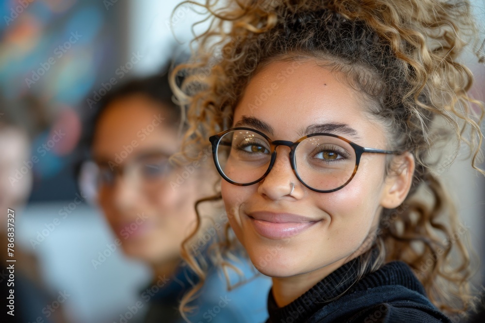 Radiant young student with curly hair and glasses smiling in a classroom setting.