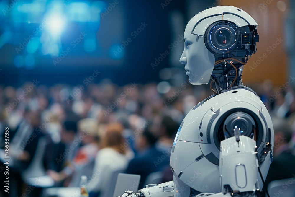 A humanoid robot turns to the audience during an AI ethics conference, symbolizing AI-human interaction. A humanoid robot turns to the audience during an AI ethics conference, symbolizing AI-human interaction.