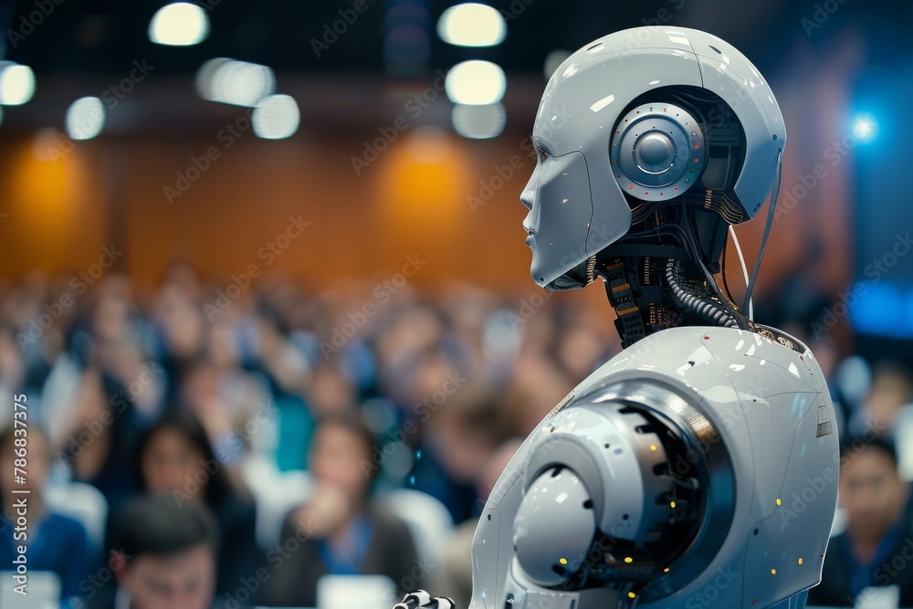 Fototapeta premium A humanoid robot turns to the audience during an AI ethics conference, symbolizing AI-human interaction.