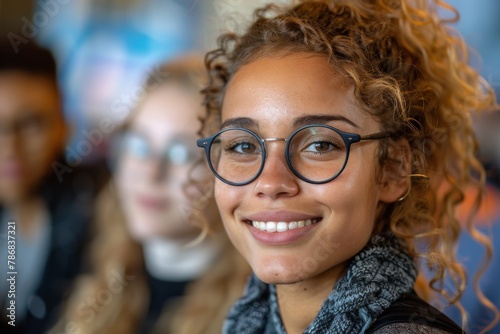 Radiant young student with curly hair and glasses smiling in a classroom setting.