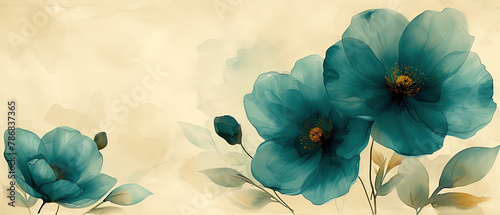 a two blue flowers that are on a beige background photo