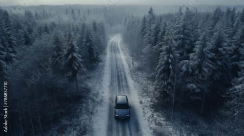 High-angle shot of a grey sedan navigating through a winter wonderland