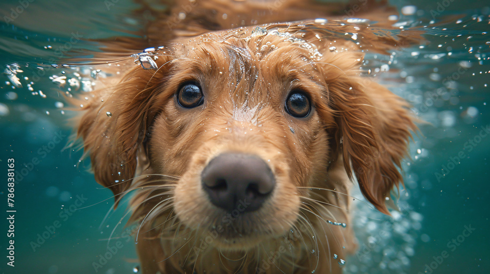 A beautiful golden retriever puppy swims under water
