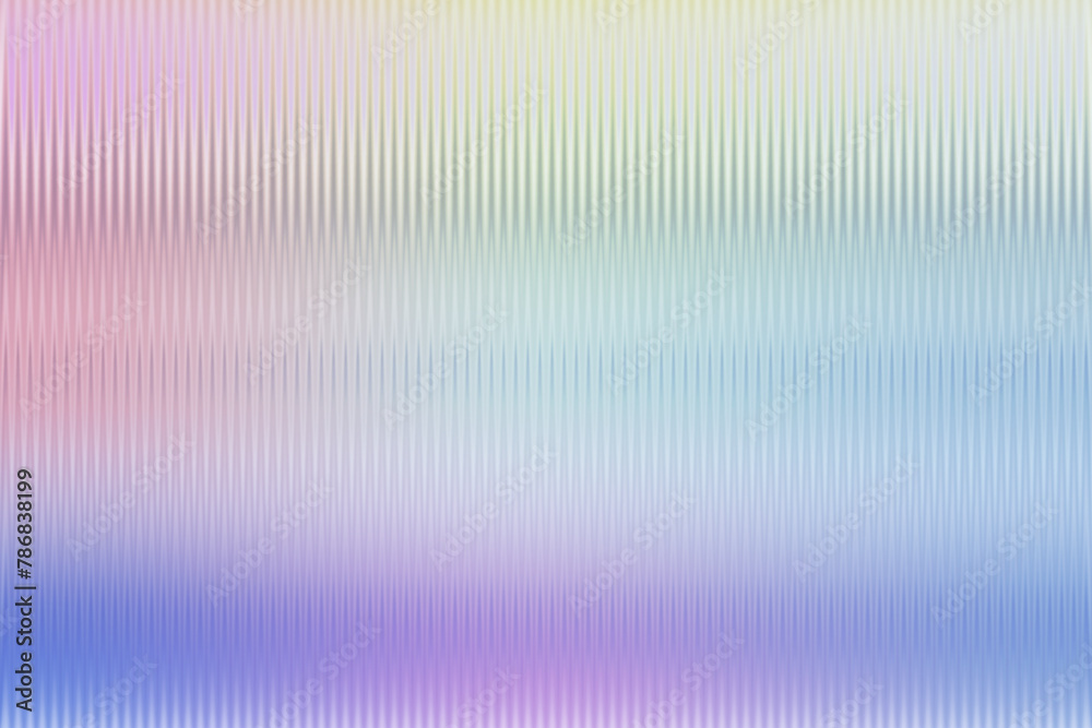 Iridescent abstract transparent glowing glass texture. Rainbow stained ribbed striped background pattern overlay. Pearlescent corrugated acrylic wall vertical line. Reeded translucent plastic texture.