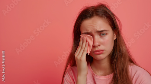 full size of upset teenager girl frowning, wiping tears crying with handkerchief, feeling desperate hopeless, coping lonely in emotional stress on Coral color background professional photography