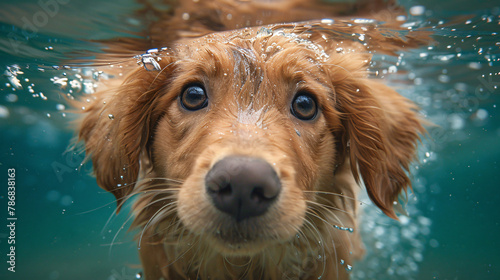 A beautiful golden retriever puppy swims under water © doly dol