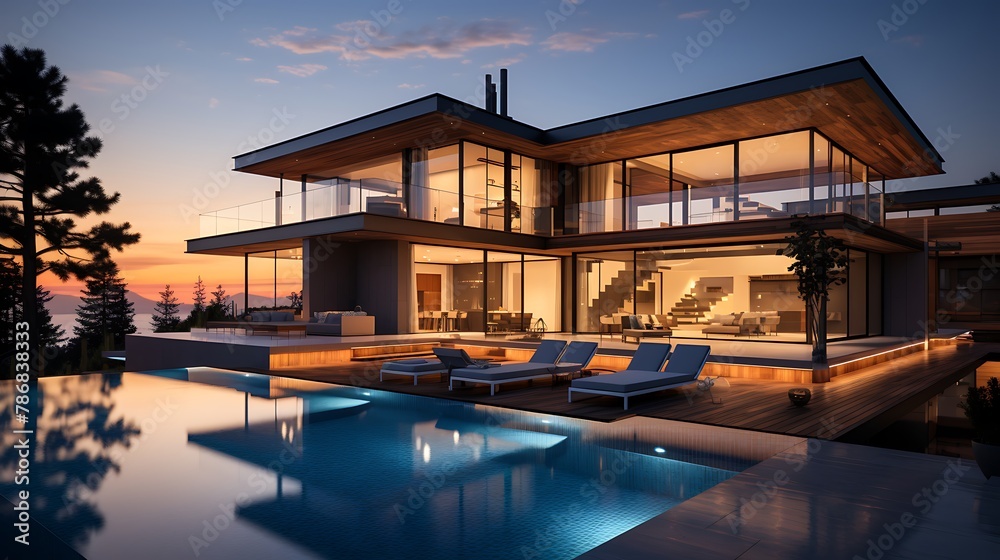 Modern Luxury House With Infinity Pool At Dawn 