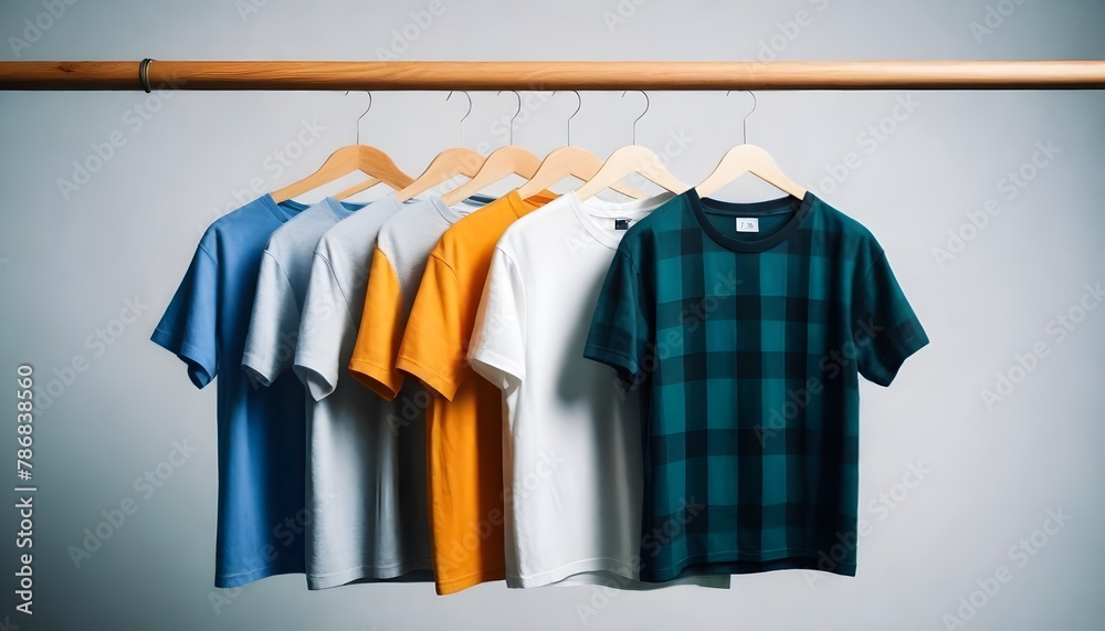 A row of t-shirts in Different Colours on wooden hangers against a white background A row of t-shirts in Different Colours on wooden hangers against a white background