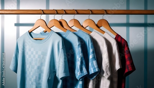 A row of  t-shirts in Different Colours on wooden hangers against a white background