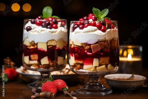 Delicious dessert with cream and berries in glasses