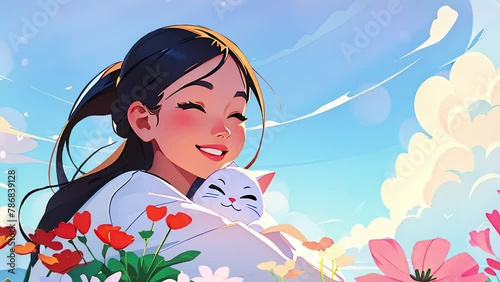 Girl holding a small cat enjoying the sunlight in the flower garden. 2D lofi  cartoon