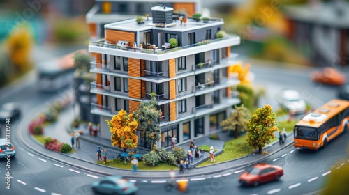 A miniature modern condo building model surrounded by miniature cars and pedestrians, depicting a vibrant urban neighborhood. 