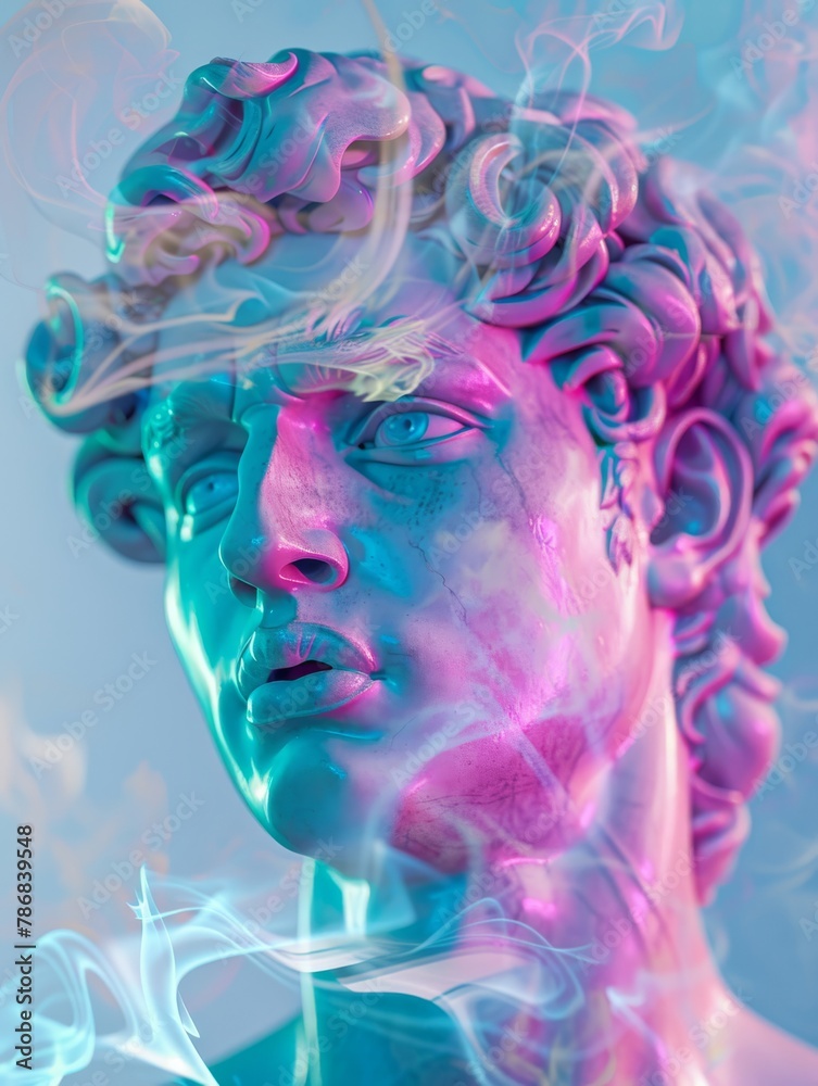 A digital art depiction of a face sculpture with vibrant purple and blue hues immersed in dynamic smoke A digital art depiction of a face sculpture with vibrant purple and blue hues immersed in dynamic smoke