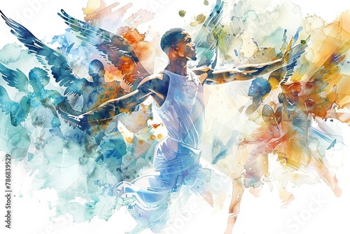 The spirit of a champion, captured from multiple perspectives with angels, illustrated in watercolor on a white background, symbolizing victorys many facets, 