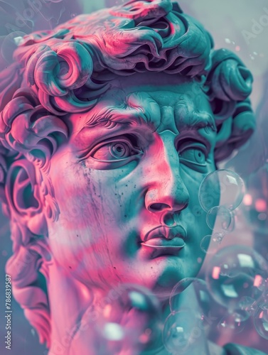 A creatively edited photo of a classic statue with a colorful and modern bubble overlay effect