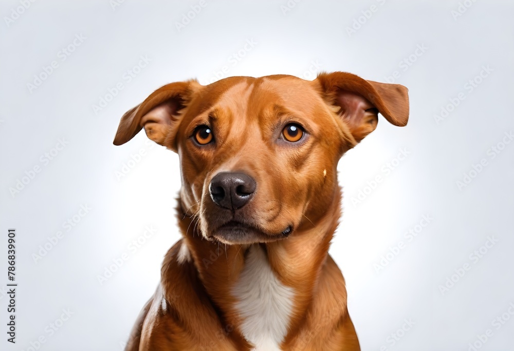 High Detailed Brown dog with floppy ears looking directly at the camera against a light gray background