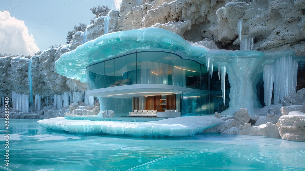 A modern architecture mansion built into an icy cave with a surrounding frozen lake reflects luxury and innovation