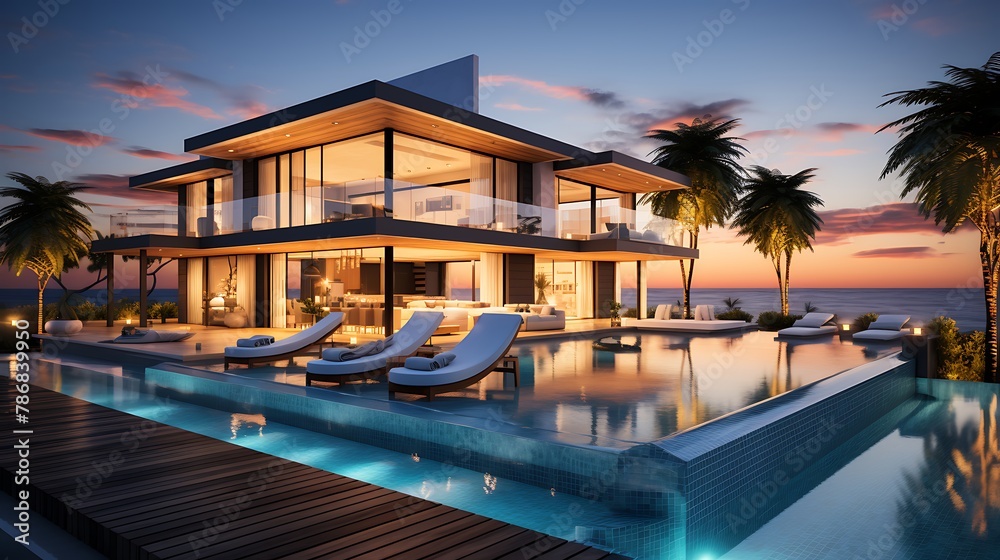 Modern Luxury House With Private Infinity Pool In Dusk 