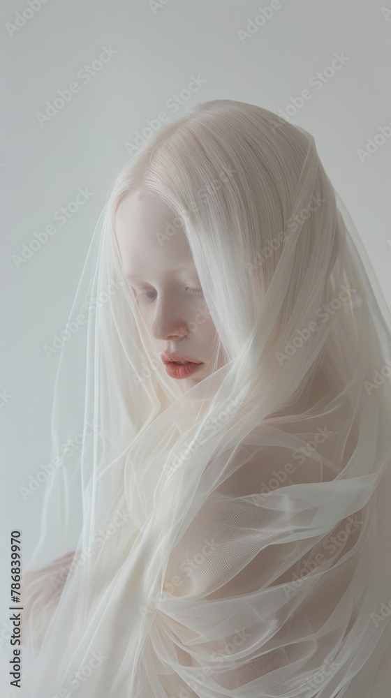 Long white hair blends seamlessly with flowing fabrics, creating a sense of purity and delicacy