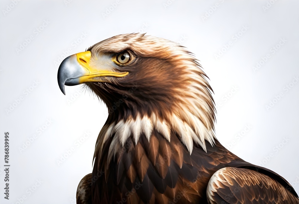 Fototapeta premium Close-up of a bald eagle's head with detailed feathers, a sharp yellow beak against a plain light background
