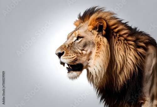Side profile of an adult male lion with a full mane against a grey background