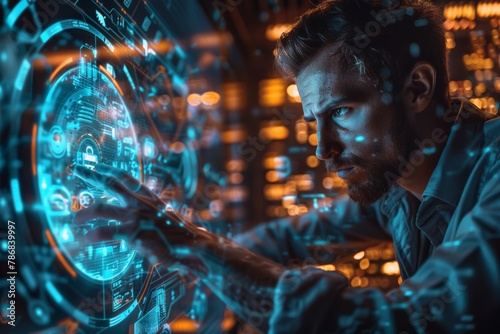 A determined businessman ensures digital safety, Man engages with futuristic holographic interface, intense focus, blue light illuminates face, epitome modern technology, cybernetic environment. photo