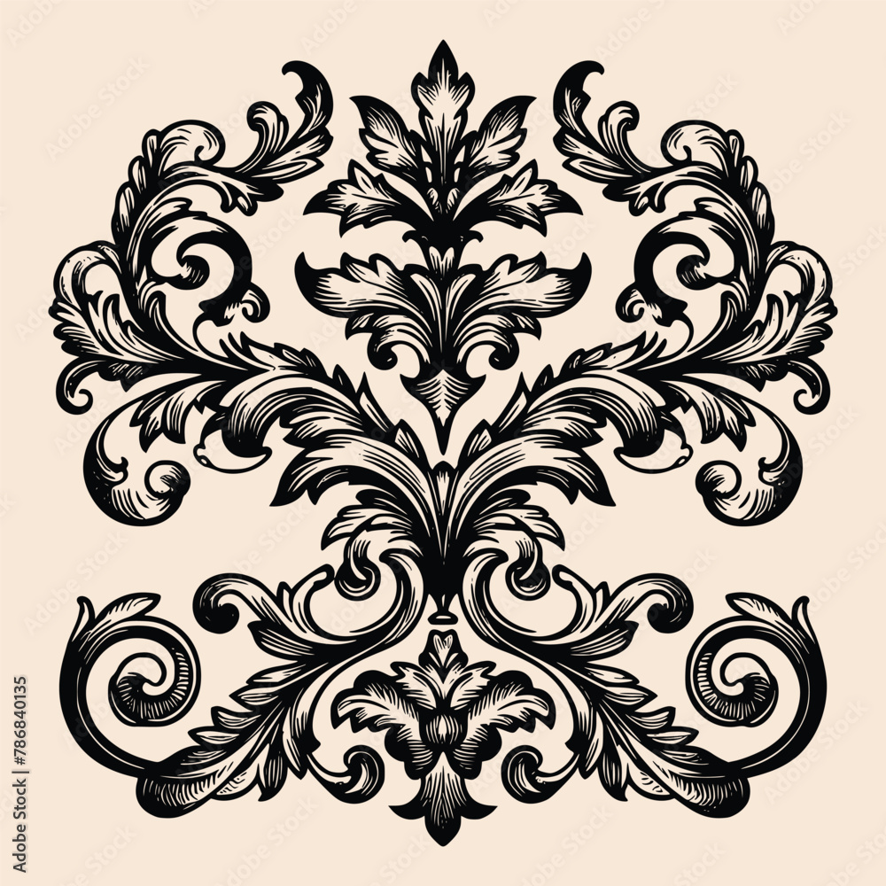 hand drawn Vintage baroque ornament frame leaf scroll floral engraving border retro pattern antique style swirl decorative design vector illustration