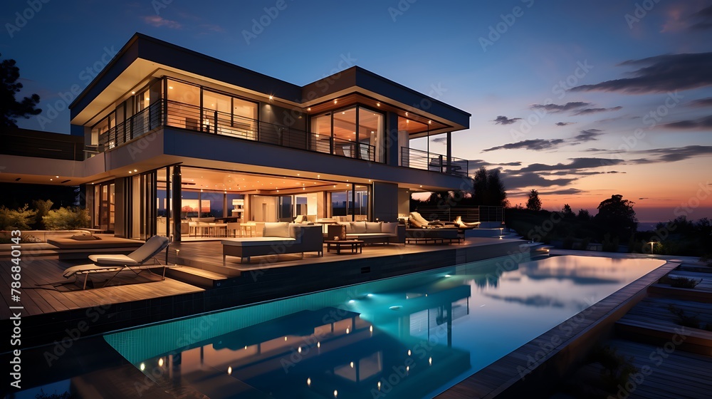 Modern Luxury House With Private Swimming Pool At Dusk 