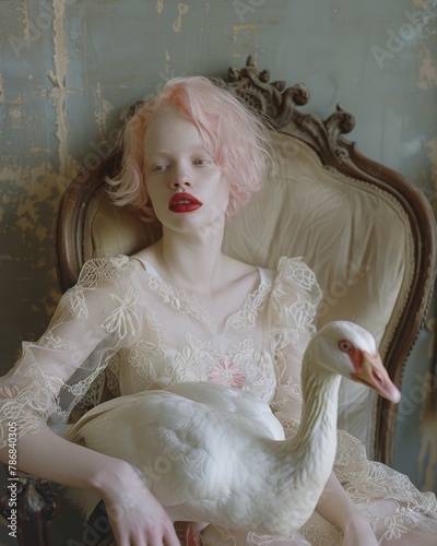 Portrait of a pale woman with pink hair and bright red lips sitting with a goose