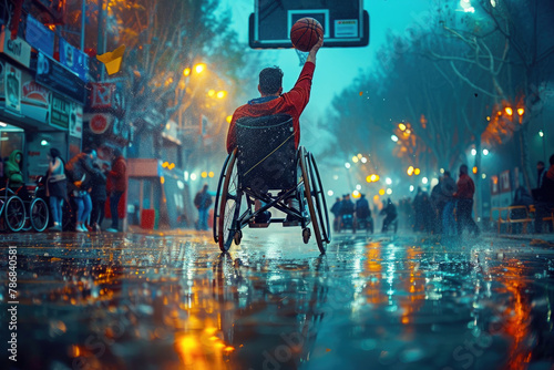 Intense action as wheelchair basketball players compete with passion photo
