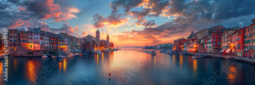 sunset on the river, Beautiful Port Evening Scenery
