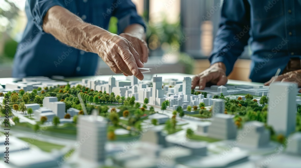 A close-up shot of an elder's hand pointing at a green urban scale model with precision and detail A close-up shot of an elder's hand pointing at a green urban scale model with precision and detail