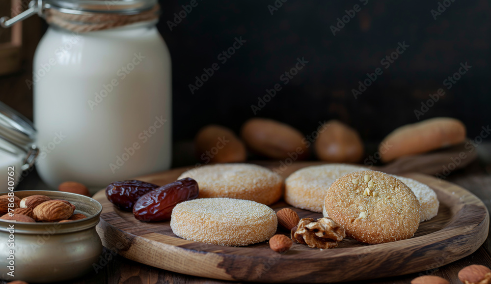 wooden round plate full of cookies, dry fruit, nuts, dates, glass jar sweet milk, homemade bakery on National Cookie Exchange Day, copy space wooden round plate full of cookies, dry fruit, nuts, dates, glass jar sweet milk, homemade bakery on National Cookie Exchange Day, copy space