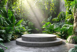 A round stone podium in the jungle, with smoke and green plants around, and a concrete wall background with soft light. Created with Ai