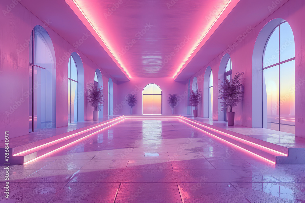 Pink and white neon lights in an empty pool room with large windows and ...