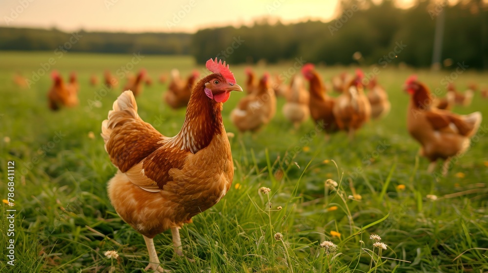 Fototapeta premium Chickens walk on grass in morning