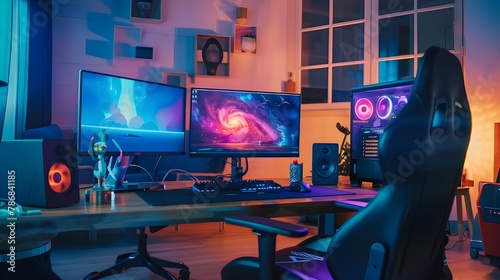 A sleek gaming setup with multiple monitors, highend PC equipment, and an armchair in the foreground. photo