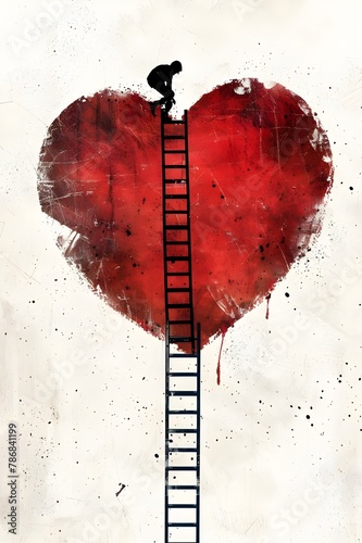 Over a white background an illustration in the style of Isidro Ferrer a big red heart shape with a ladder to the top and a man climbing it photo