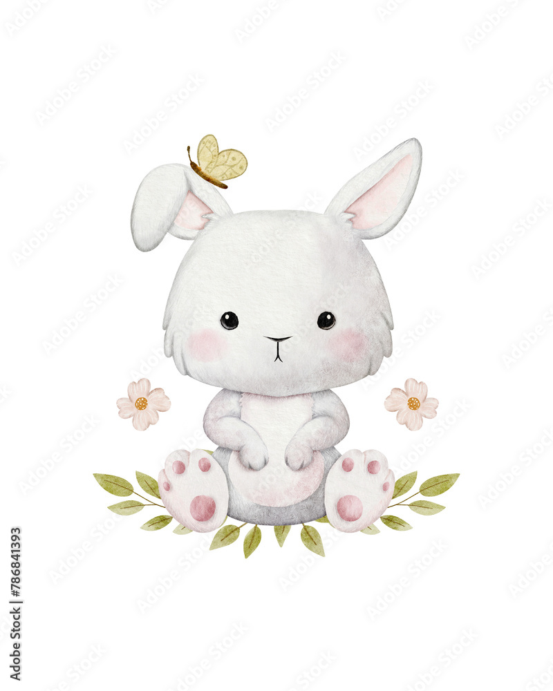 watercolor white rabbit sitting in flower wreath watercolor white rabbit sitting in flower wreath