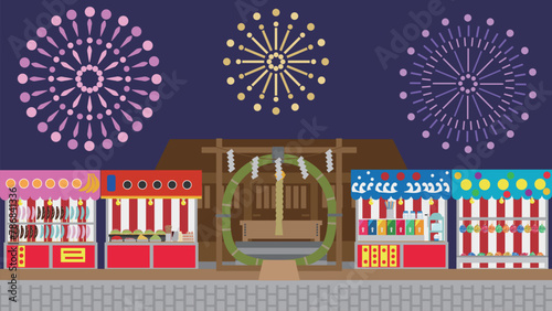 夏越大祓と夏祭りの屋台が並んだ背景のイラスト
