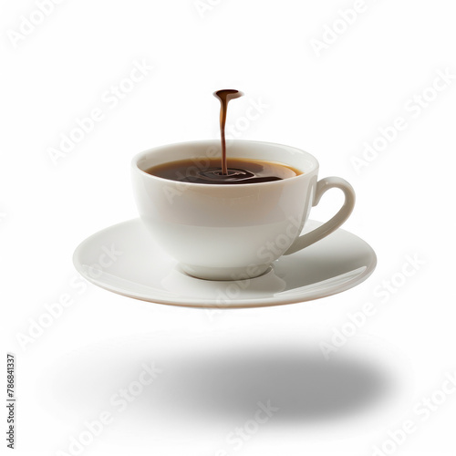 floating cup of coffee and white plate falling on transparency background PNG 