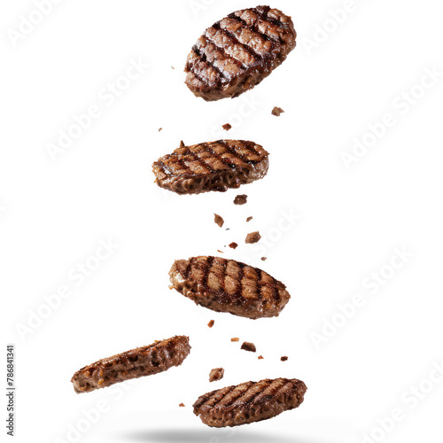 Falling grilled hamburger meat falling on transparency background PNG
 photo