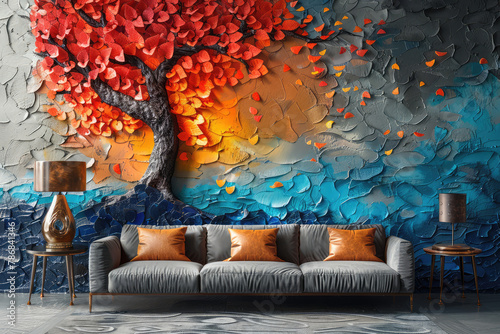 3d wallpaper, living room interior design with blue wave and orange tree wall mural, home decor. Created with Ai