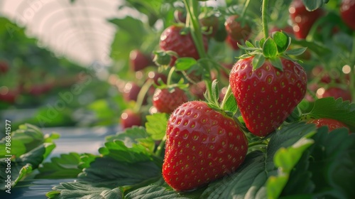 Ripe strawberries growing on plastic mulch in a farm