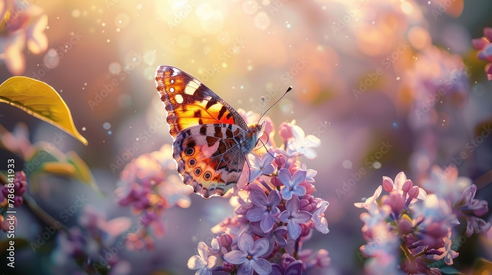 Vanessa cardui butterfly pollinating lilac flowers - obrazy, fototapety, plakaty 
