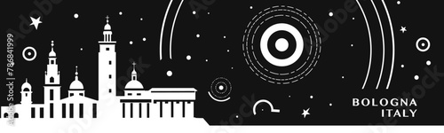 Bologna city vintage banner with abstract black and white cityscape and skyline. Chalkboard vector horizontal illustration for Italy town