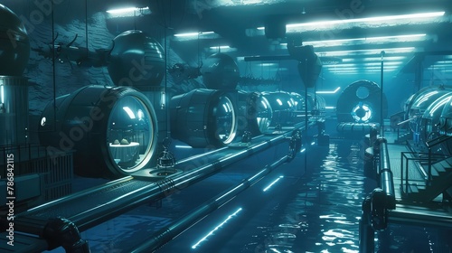 An advanced underwater research facility exploring the mysteries of the ocean depths, with sophisticated submersibles and underwater habitats enabling scientists to study marine life, geology, 