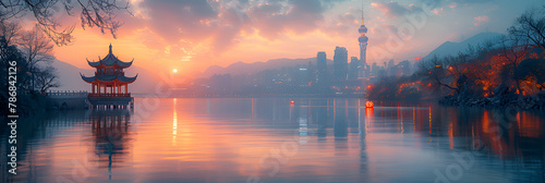 sunrise over the river, Chongqing Hon Pavilion Sunset