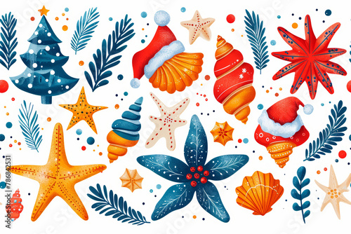 Festive Marine Life Christmas Pattern with Holiday Elements